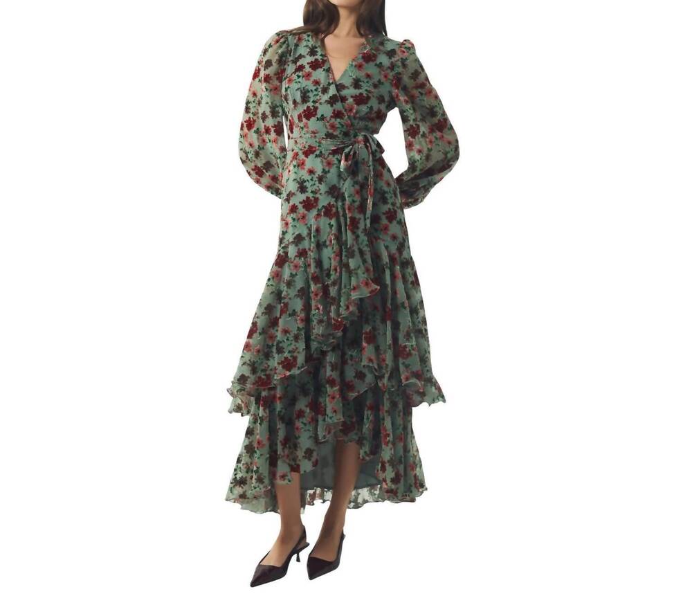 NEW HUTCH women's helene velvet burnout floral wrap maxi dress in blue / multi